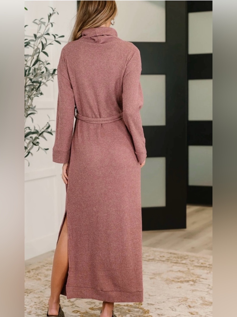 Dear Scarlett Cozy Dusty Rose Turtleneck Belted Maxi Dress - Picture 2 of 6